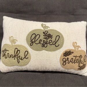Kirklands White and Green “Thankful, Blessed, Grateful” Holiday Pillow
